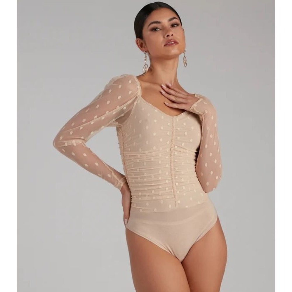 Meek Polka Dot Ruched Mesh Bodysuit Top Womens S Beige Coquette Fairy Romantic